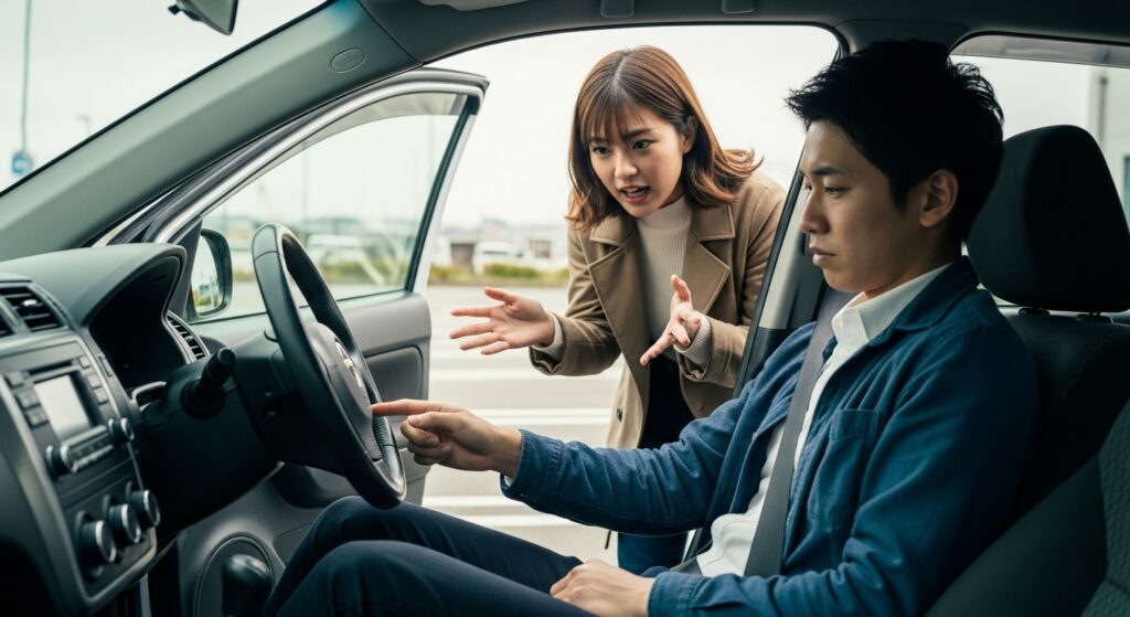 カックンブレーキを巡るカップルのやり取り カックンブレーキに悩み、助手席の女性が必死に説明するシーン。運転席の男性は申し訳なさそうに俯いている。