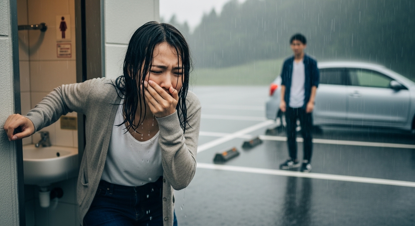 カックンブレーキで気分が悪くなり、雨の中トイレに駆け込む女性と申し訳なさそうに見守る男性