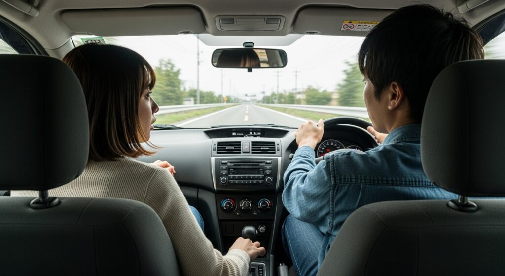 デート中の運転でカックンブレーキが起こる原因 デート中に会話をしながら運転するカップル。彼氏の運転がカックンブレーキになりがちな典型的なシーン。