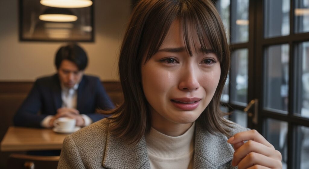 カックンブレーキで揺らぐ恋愛感情 カフェで泣いている女性と、後ろで沈んだ表情を見せる男性。カックンブレーキが原因で関係に不安が生じている様子。