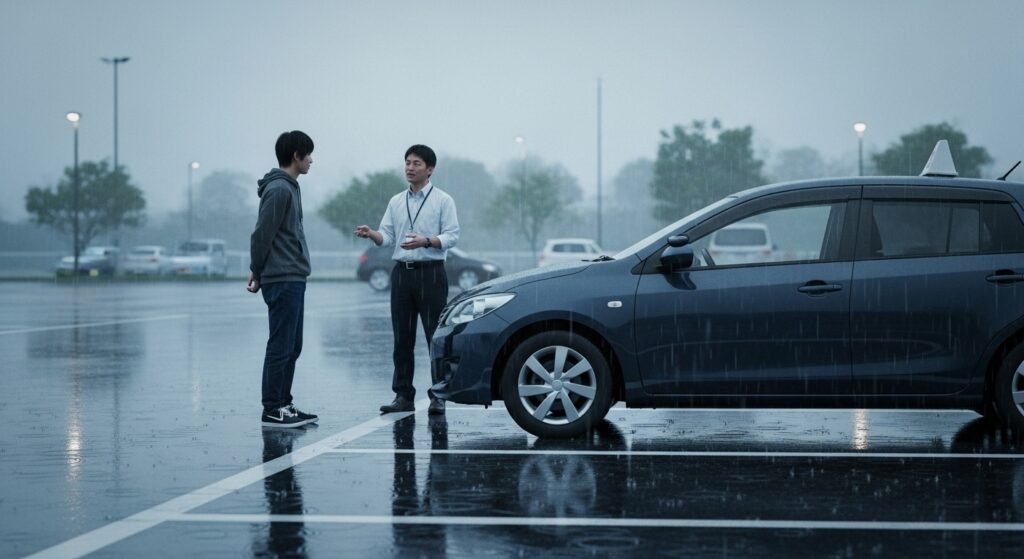 カックンブレーキ改善のための練習風景 雨の駐車場でインストラクターから指導を受ける男性ドライバー。カックンブレーキを改善するための練習シーン。