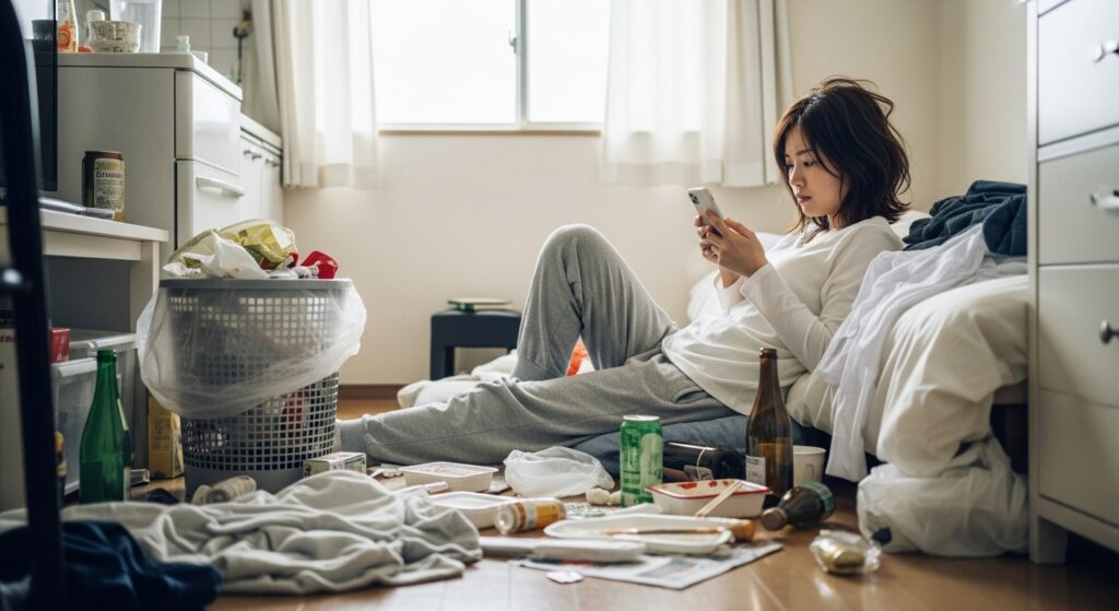 散らかった部屋でスマホを見つめるパジャマ姿の若い女性。空き缶や食べかけの容器が床に散乱している。