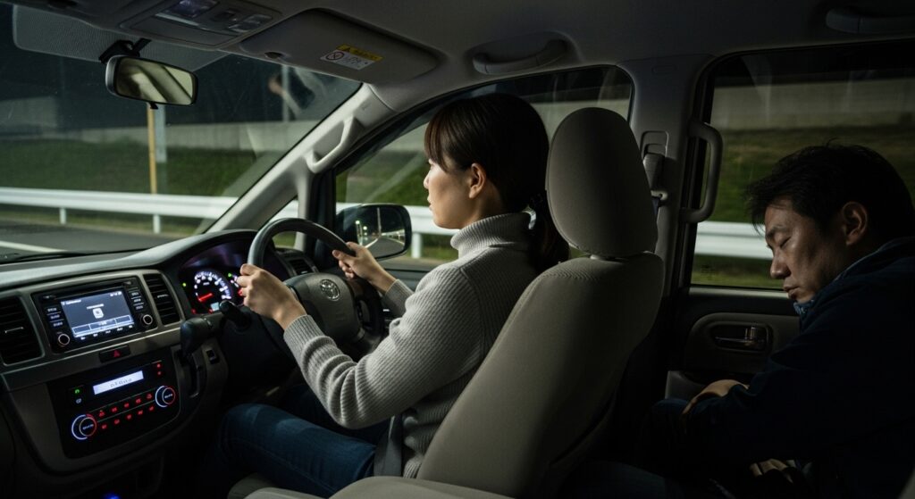 「夫の代わりに帰省運転を担う30代女性」 「神奈川県在住の30代女性。新潟県の夫の実家に帰省する際、夫がお酒を飲むため自ら運転を担うことになったペーパードライバーの姿」