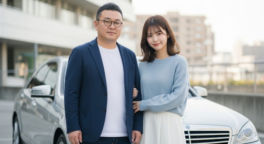 助手席ドリーム女子と高級車デート 彼氏に依存する助手席ドリーム女子と高級車ベンツの前に立つカップル