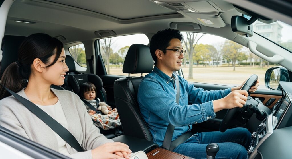 父親が運転し、母親と子どもが同乗する家族ドライブの様子。穏やかな雰囲気の中、夫婦の信頼と子育ての一場面を描写。