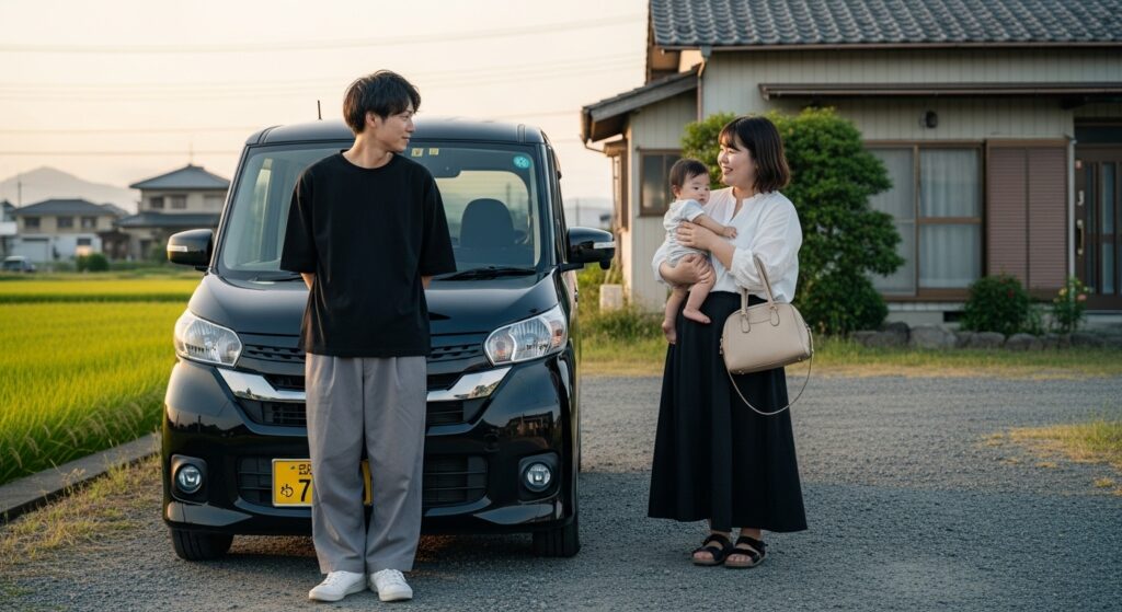 地方生活と軽自動車|子育て世代の現実 軽自動車と地方の戸建て住宅で暮らす若い夫婦と赤ちゃんの家族シーン