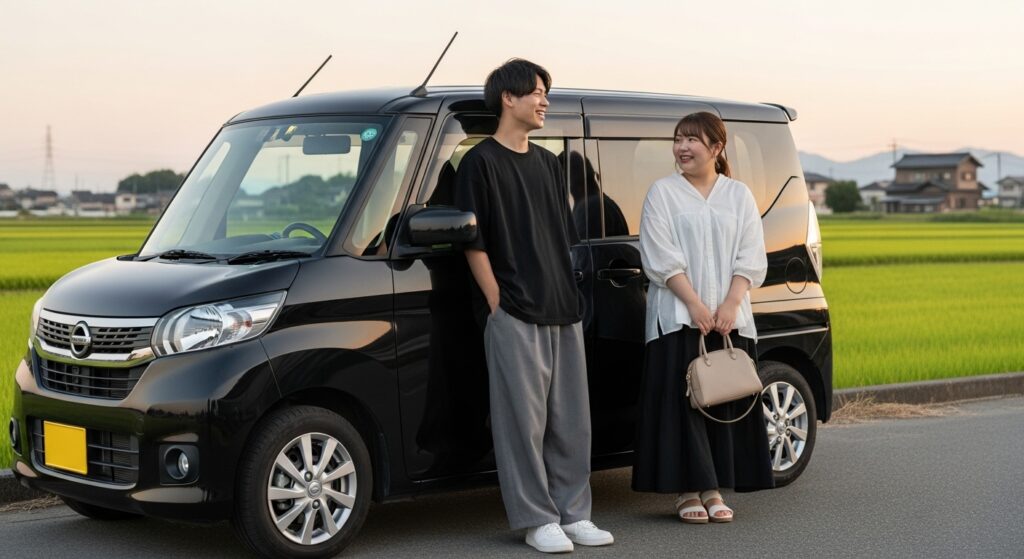 地方生活に最適な軽自動車と若いカップル 地方の田園風景と軽自動車|維持費を抑えて暮らす若いカップル