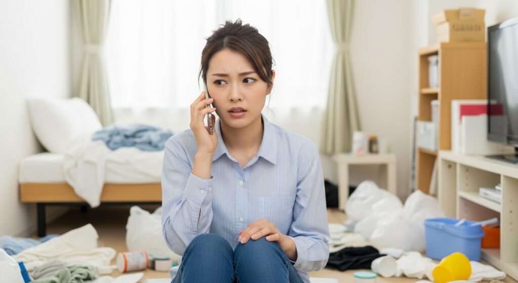 散らかった部屋で電話を受け、不安げな表情を浮かべる若い女性。背景にはベッドやゴミ袋が見える。