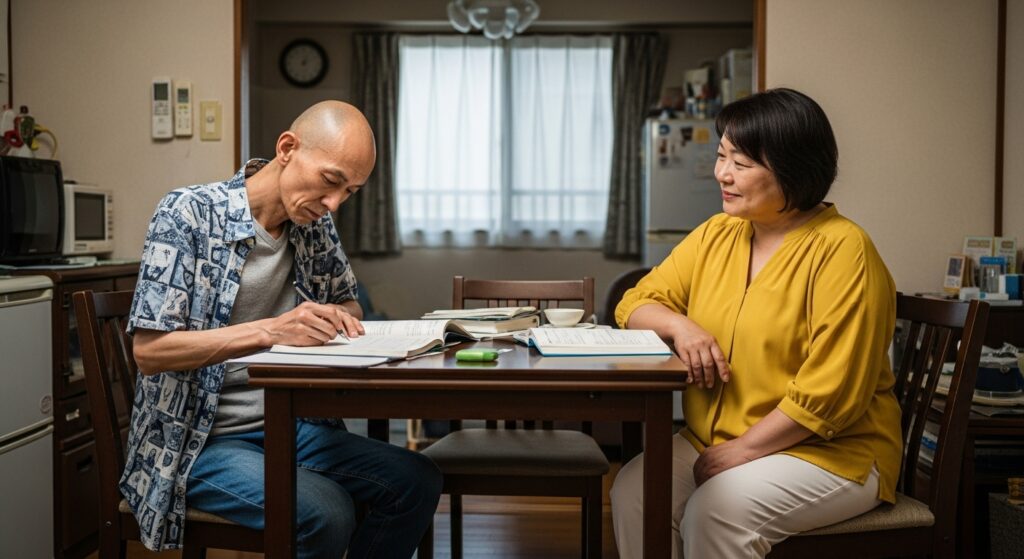 思いやりのあるペーパードライバー指導 ペーパードライバー講習で優しく指導する夫婦の自宅学習風景
