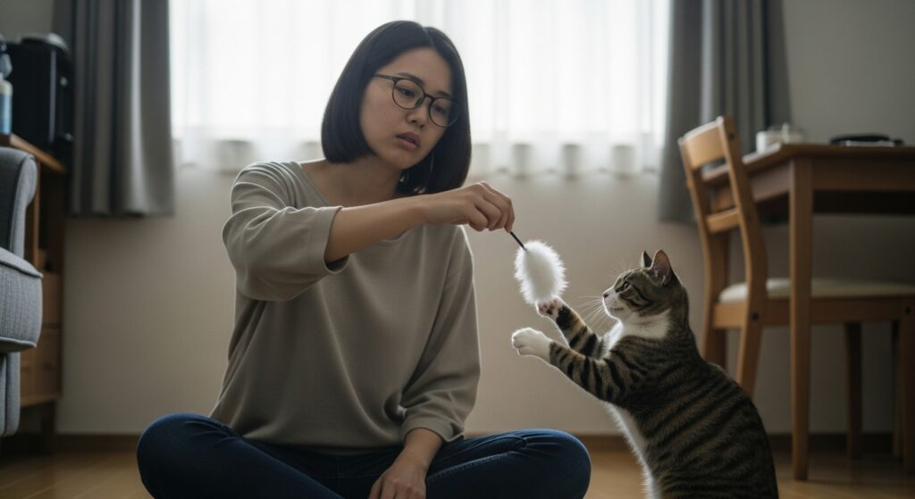漫然運転 危険信号 心理的要因 猫と遊びながらも心ここにあらずな女性 ドライバーの心理的負担