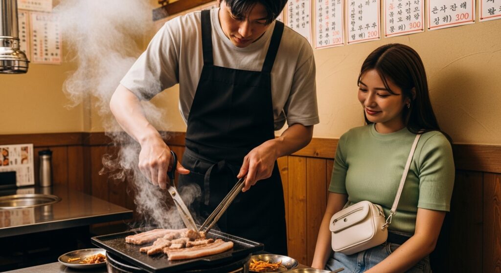 韓国焼肉店でサムギョプサルを焼く男性と、それを笑顔で見守る女性の様子 한국 고깃집에서 삼겹살을 굽는 남성과 웃으며 바라보는 여성의 모습
