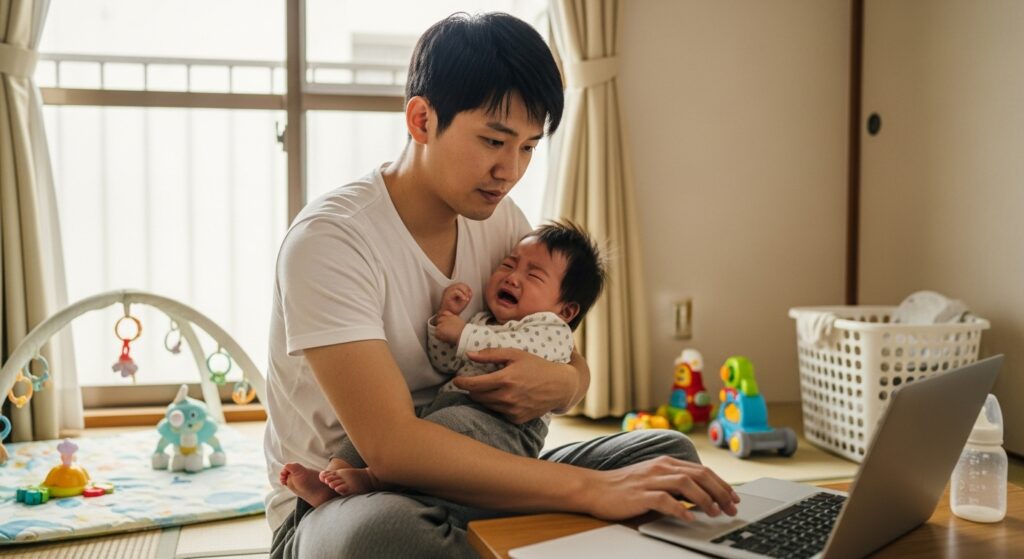 泣いている赤ちゃんを抱きながらノートパソコンを操作する韓国人の父親。日本の自宅で育児と仕事を両立する姿。한국에서 온 아빠가 일본 집에서 아기를 돌보며 재택근무를 하고 있는 모습。