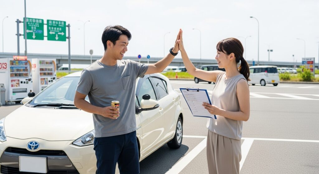 ペーパードライバー卒業を目指す受講者とハイタッチする場面。自己流練習の卒業方法を解説。