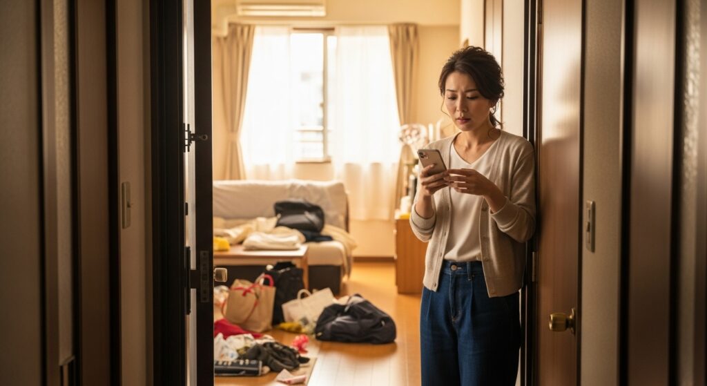 スマートフォンを見つめる女性。玄関に立ち尽くしながら、散らかった部屋を背に複雑な表情を浮かべている。