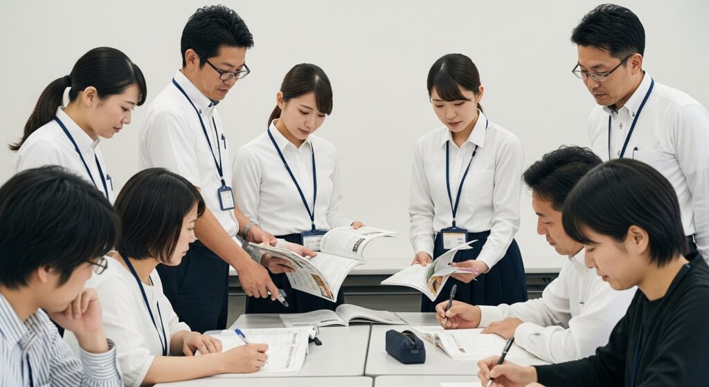 「ペーパードライバー向け講習で、大人の受講者が講師の説明を受けながら教材を使って学んでいる様子」