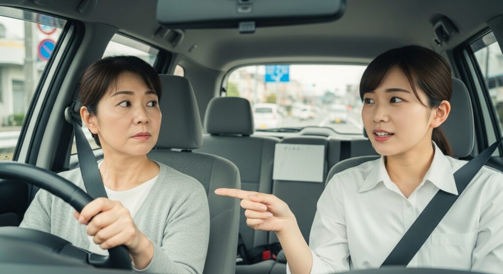 「運転免許保持者が車内で講師から運転の指導を受けている講習の様子」