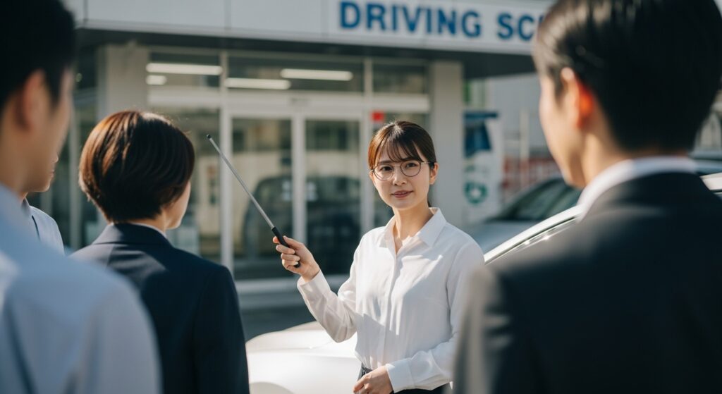 「自動車学校の正門前で教習の説明を行う女性講師と受講生の様子」