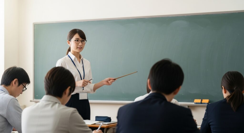 「教習と講習の違いを説明する女性講師が教室で指導している様子。黒板と受講生が写るシーン」