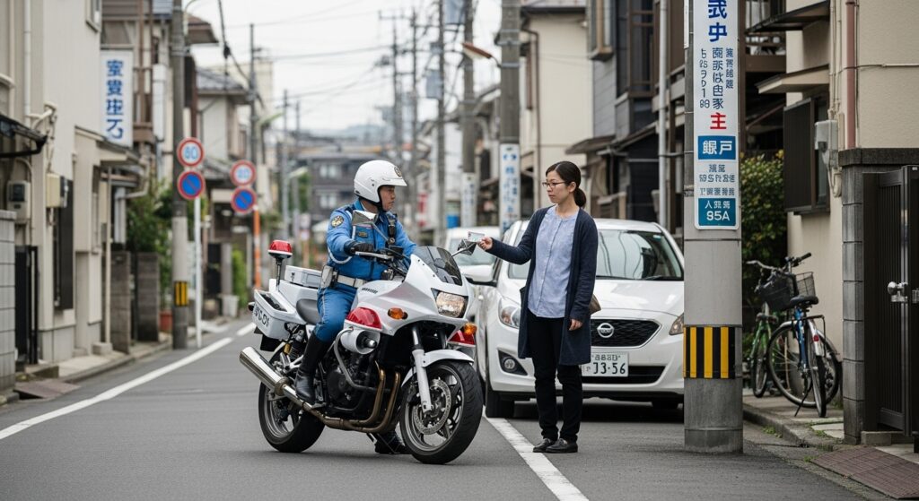 白バイに取り締まりを受けて免許証を提示する女性ドライバー