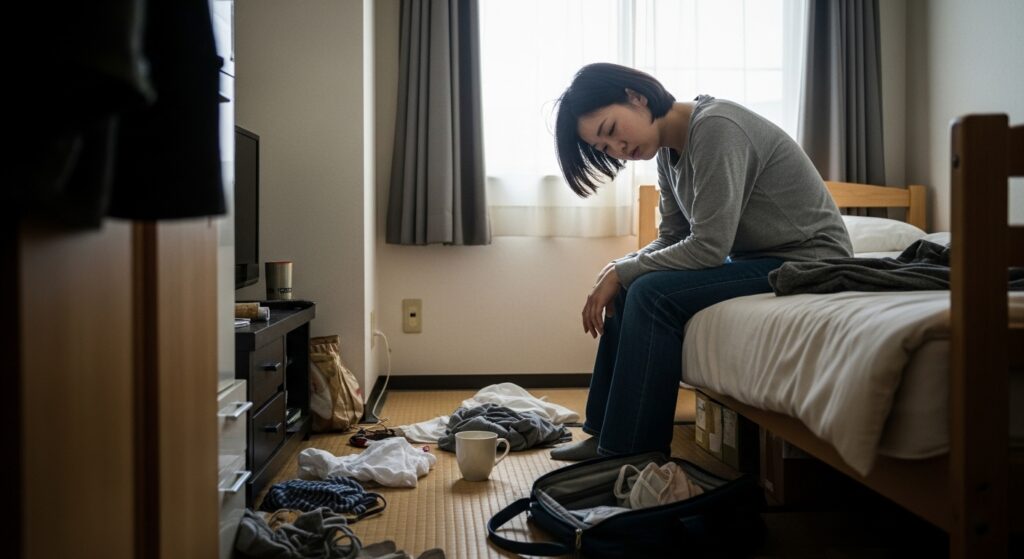 部屋で疲れた様子でベッドに座り込む女性