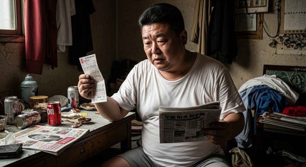 部屋で宝くじの当選番号を新聞と照合している男性