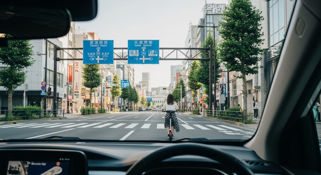 車内から見た歌舞伎町の道路に突然現れたLUUPの電動キックボード。ペーパードライバーが不安を感じる典型的なシーン。