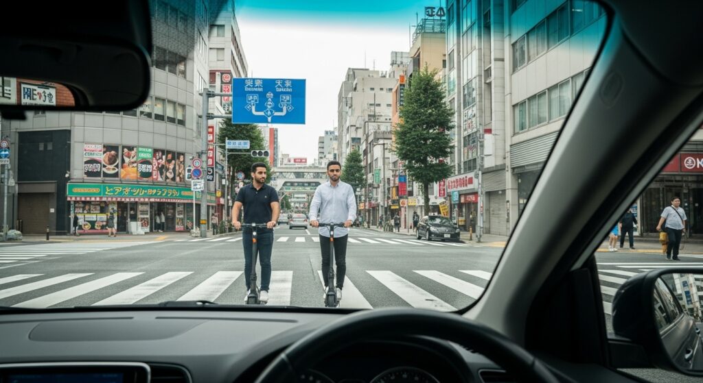 車内から見た交差点に現れたLUUPの電動キックボード。外国人利用者が並走しており、ドライバーが不安を感じやすいシーン。