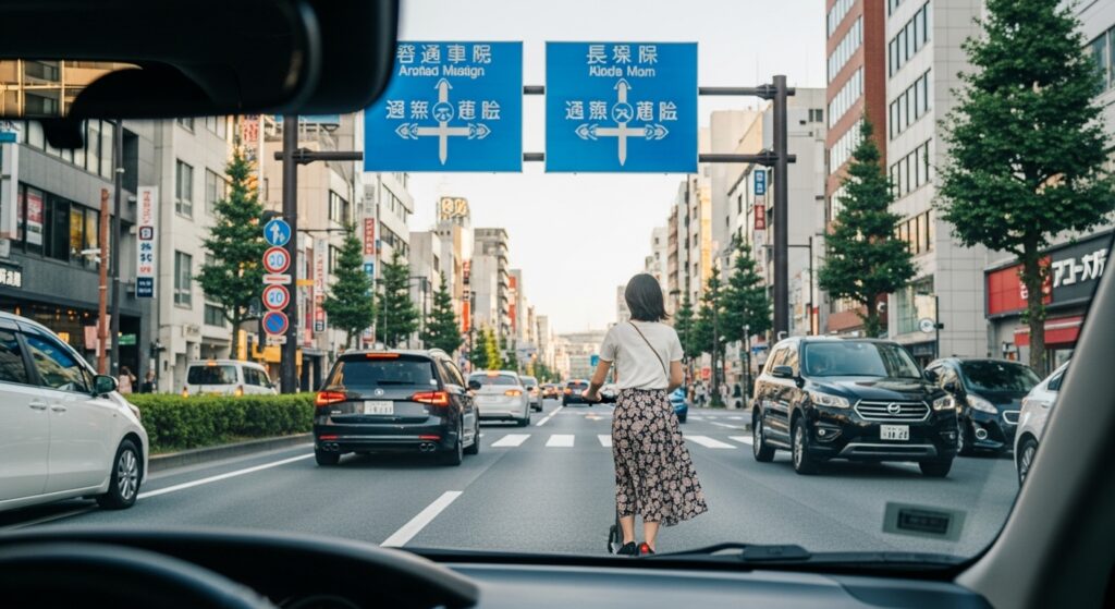 LUUP 前方 車間距離 危険 ペーパードライバー 新宿 車内から見た前方にLUUPの電動キックボードが走っているシーン。車間距離の判断に迷うペーパードライバーにとって典型的な不安の状況。