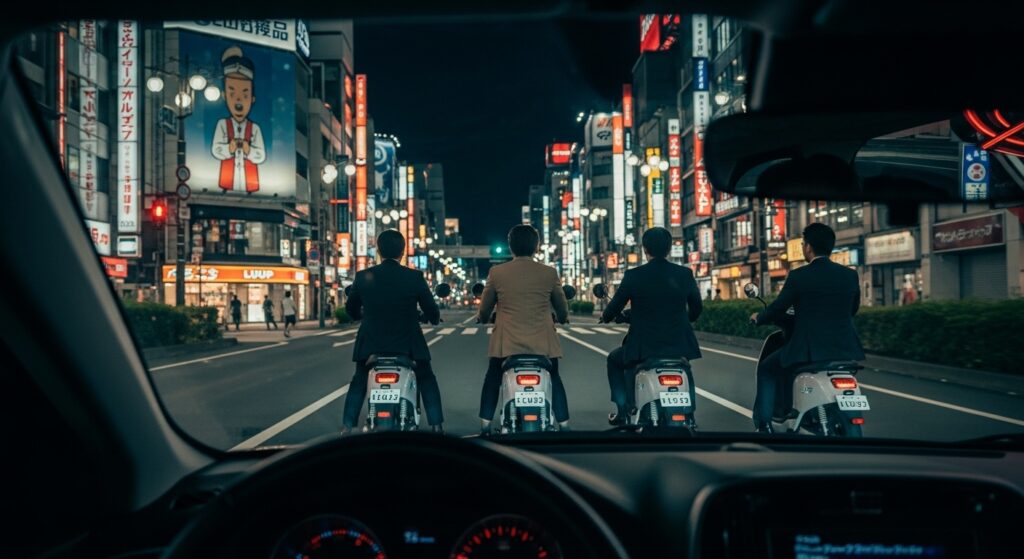 夜の歌舞伎町でLUUPの電動キックボードに乗る男性たち。車内から見た視点で、ドライバーにとって危険を感じやすいシーン。
