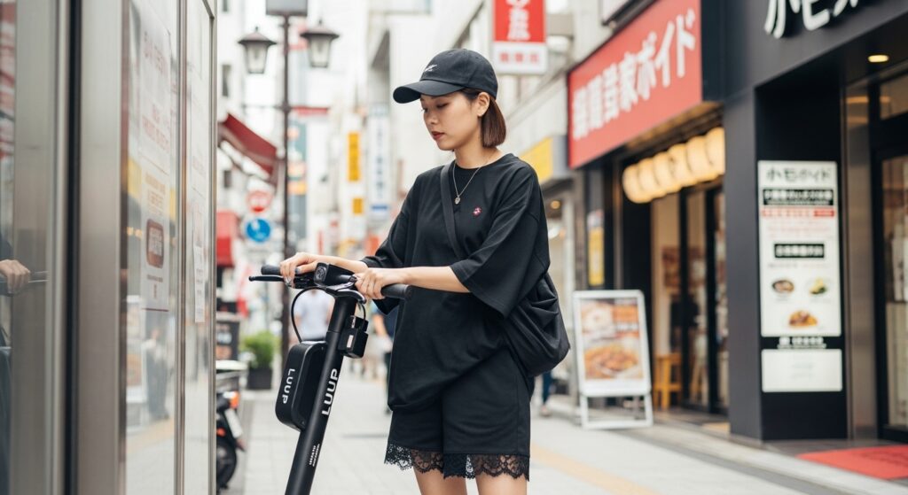 LUUP レンタル 新宿 ペーパードライバー 怖い 新宿の街でLUUPをレンタルしようとしている若い女性。都心部ではペーパードライバーが不安を感じやすい典型的なシーン。