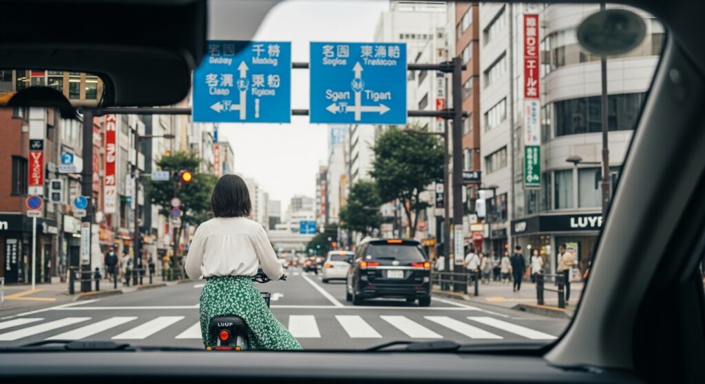 LUUP 車間距離 安全運転 ペーパードライバー 新宿 車内から見た前方にLUUPの電動キックボードが走る場面。車間距離を十分に取ることが安全運転の鍵になるシーン。