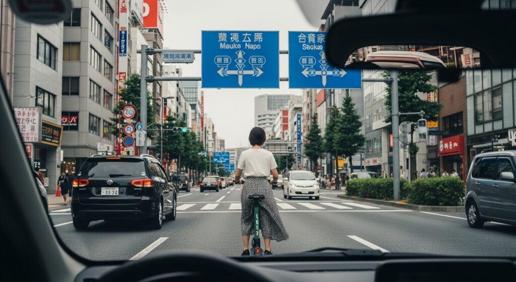 LUUP 速度 挙動不安 危険 ペーパードライバー 新宿 車内から見た前方にLUUPの電動キックボードが走行する場面。速度や挙動が読みにくく、ドライバーが緊張しやすい状況。