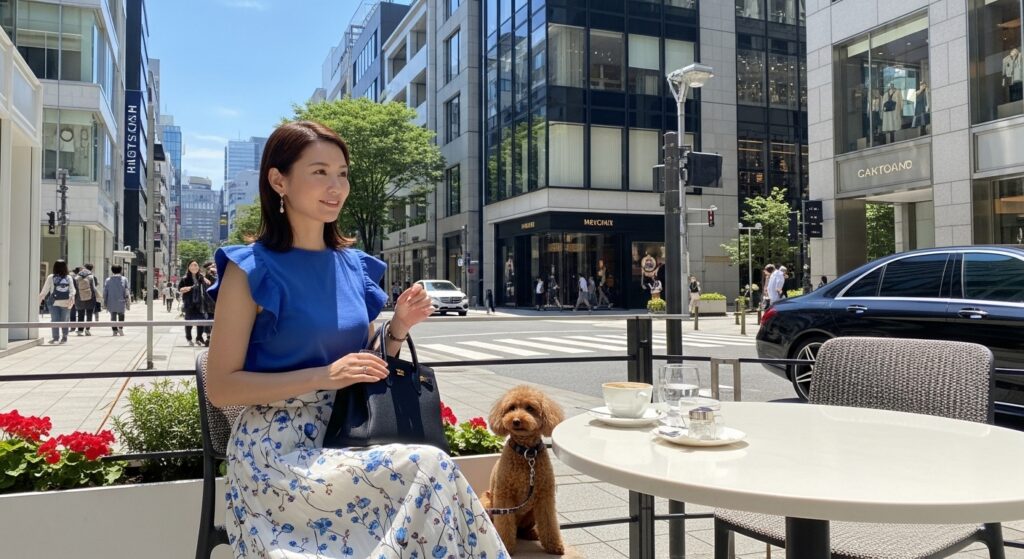 銀座カフェ ベンツとトイプードルと女性のライフスタイル写真 銀座カフェでベンツとトイプードルと過ごす女性|高級車と犬が示す現代のステータスシンボル