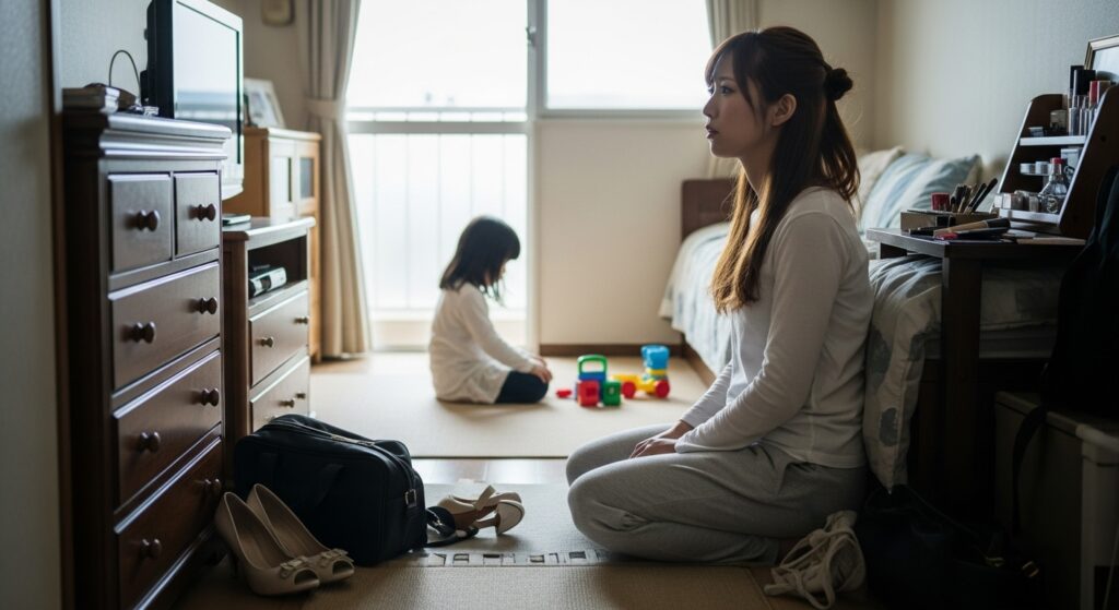 部屋の隅で遊ぶ娘を見つめながら、進むべき道を考える若い母。盛岡に帰るという選択肢が頭をよぎり始めた瞬間。