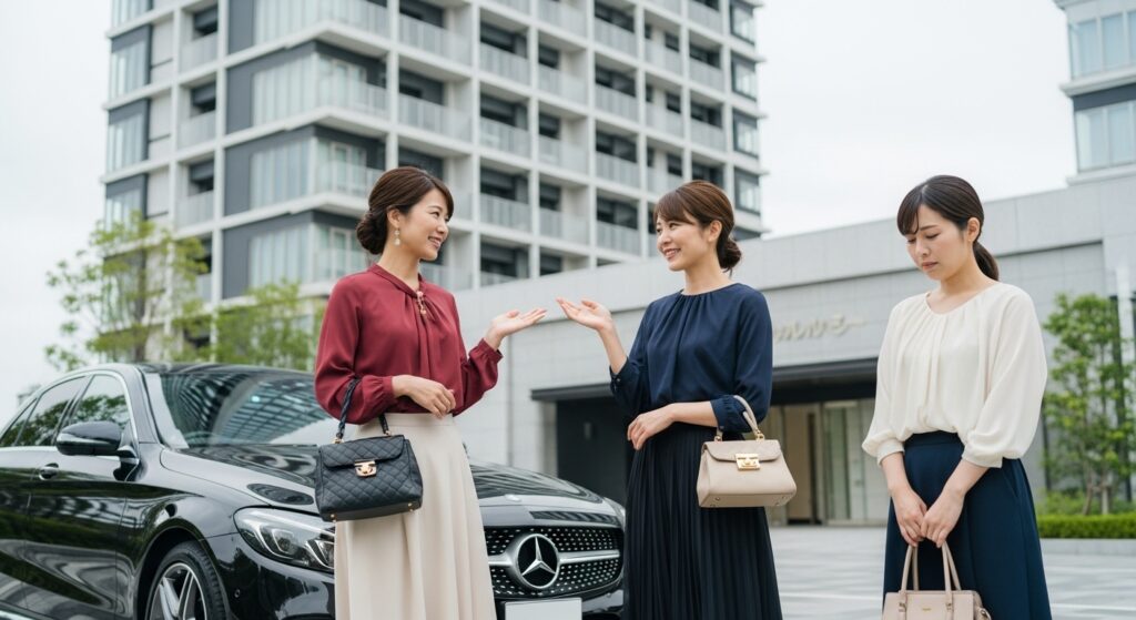 ママ友 ベンツ 新車 嫉妬 マンション前でベンツを自慢するママ友と下を向く女性|羨望と比較心理のシーン