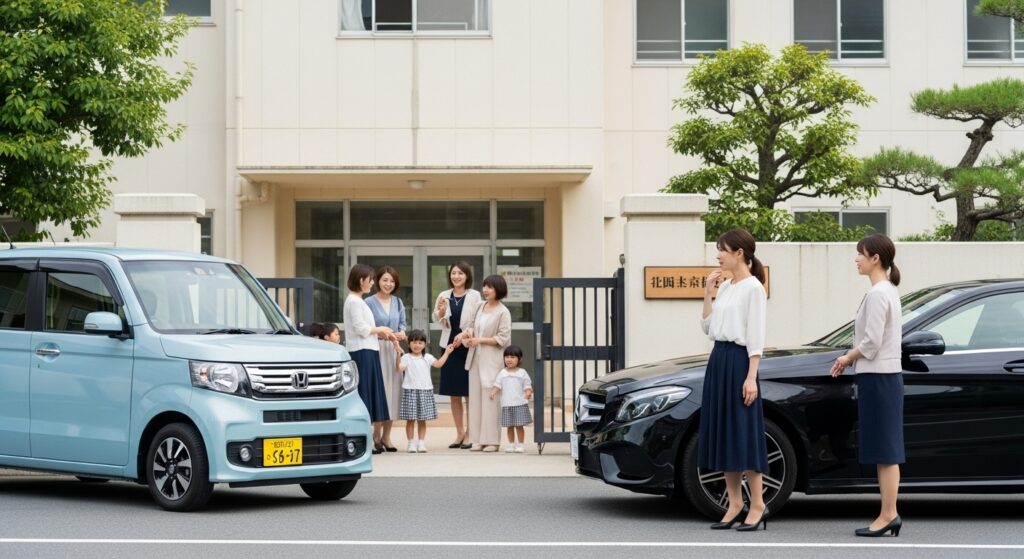 ママ友 車 比較 嫉妬 幼稚園送迎 幼稚園前でママ友が集まり車を比較するシーン|軽自動車と高級車ベンツが並ぶ送迎風景