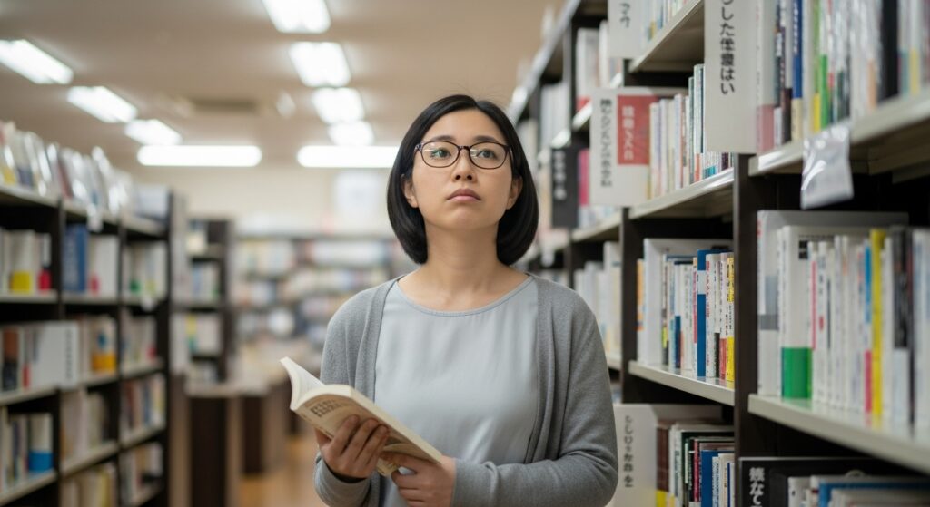 漫然運転の比喩に使える本屋での女性の様子 本屋で眼鏡をかけた30代の日本人女性が、本を手にしながらぼんやりと棚を見上げている様子。注意が散漫になり、漫然運転の比喩として使えるシーン。