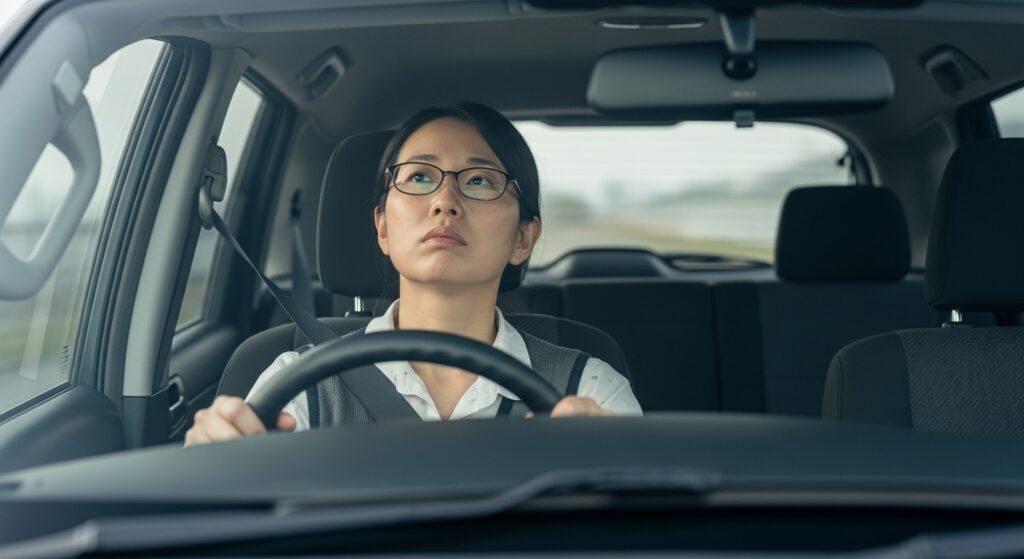漫然運転で前方をぼんやり見つめる女性ドライバー