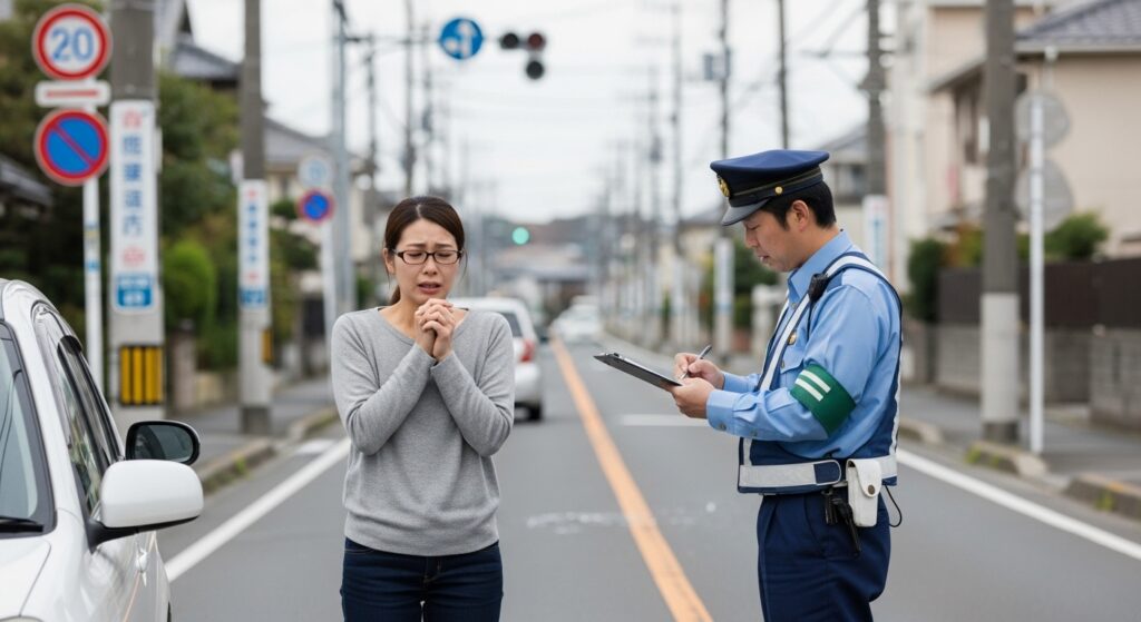接触事故後に警察から事情聴取を受ける女性ドライバー