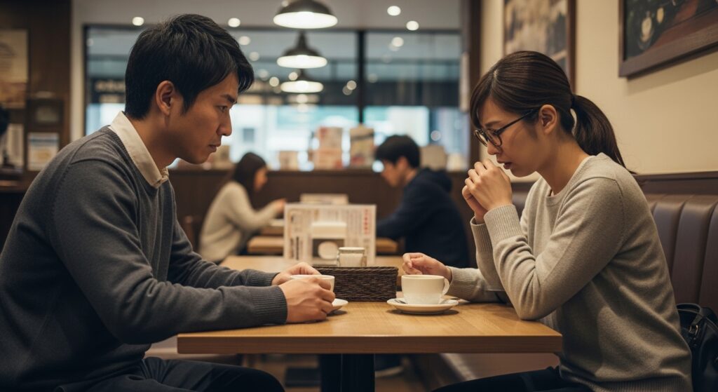漫然運転 恋愛の悩み 失恋 カフェで恋人に振られて落ち込む女性