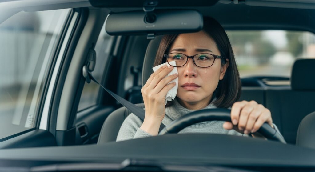 運転中に涙を流しストレスや悩みを抱える女性ドライバー