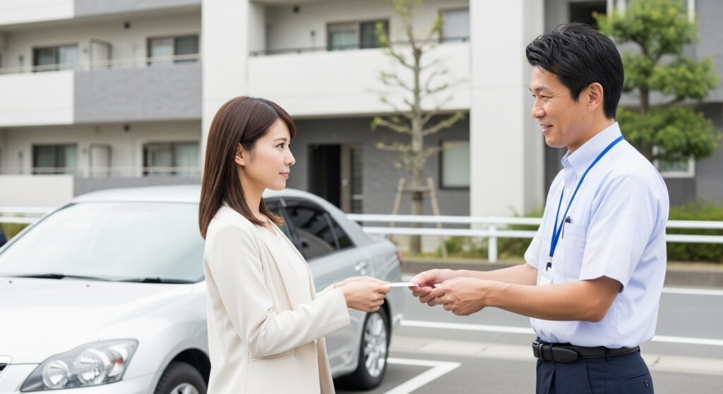 駐車場で名刺を受け取る女性と男性インストラクター。車の前で初対面の挨拶を交わす様子。