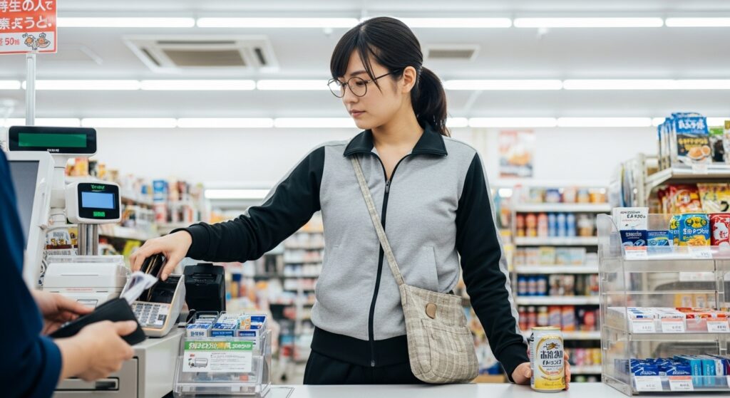 コンビニで缶チューハイを買う女性のシンプルな幸せ コンビニで缶チューハイを会計する女性|日常の小さな幸福を楽しむライフスタイル