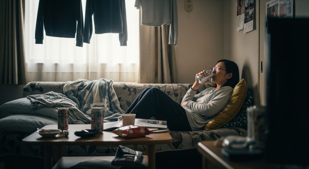 休日に自宅でくつろぐ人のシンプルライフ 自宅で缶ビールを飲みながら休日を過ごす人|推し活やサブスク中心のライフスタイル