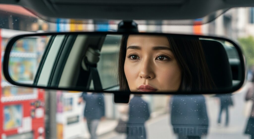 バックミラー越しに映る女性の表情。不安を抱えながらも、運転を通じて盛岡へ向かう決意を固めようとしている瞬間。