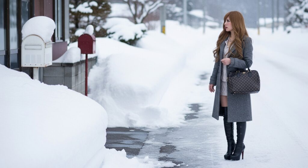 雪の中、娘と手をつなぎながら笑顔で保育施設を後にする母親。盛岡での運転のある暮らしが、思っていたよりも豊かだったことを実感する日常。