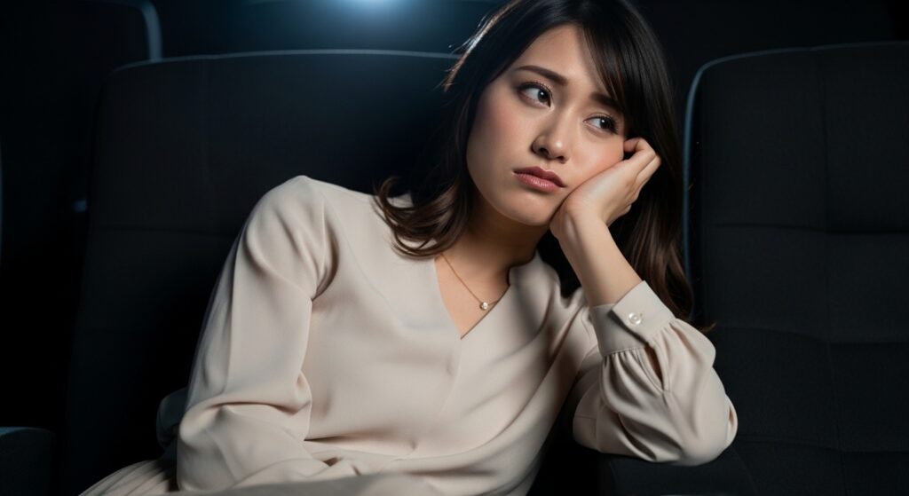 映画館で長時間の上映に退屈そうな女性｜90分超えると集中力が低下する現代人のタイパ志向
