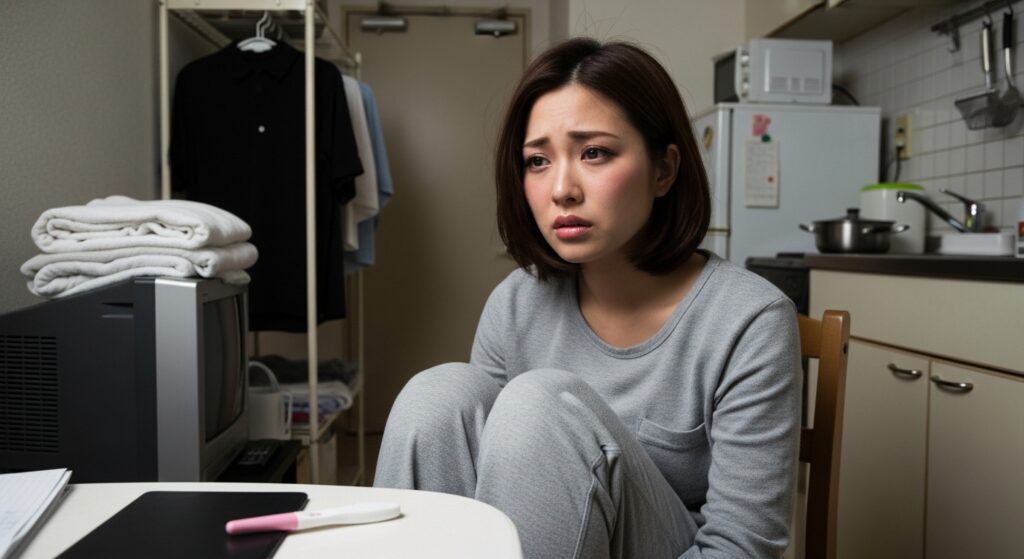 小さなワンルームで妊娠検査薬を前に呆然と座り込む若い女性。不安と孤独の中で、人生が大きく変わる瞬間を迎えた場面。