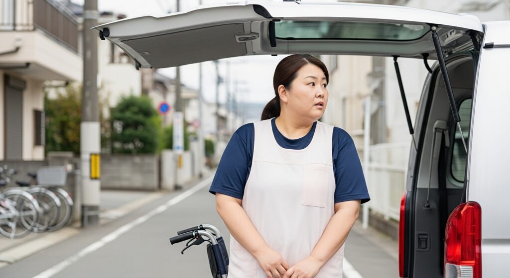 介護職の女性が車の後ろに立ち、職業別に特化したペーパードライバー講習の必要性を示す様子