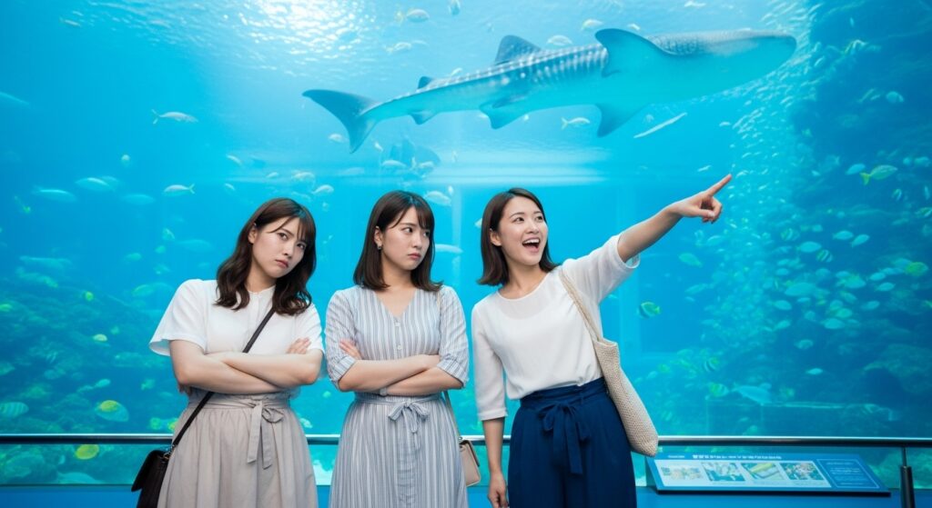 「沖縄女子旅 水族館 ジンベエザメ 観光」 「沖縄美ら海水族館で女子3人組が観光。2人は退屈そうにしている一方、1人はジンベエザメを指差して楽しんでいる様子」